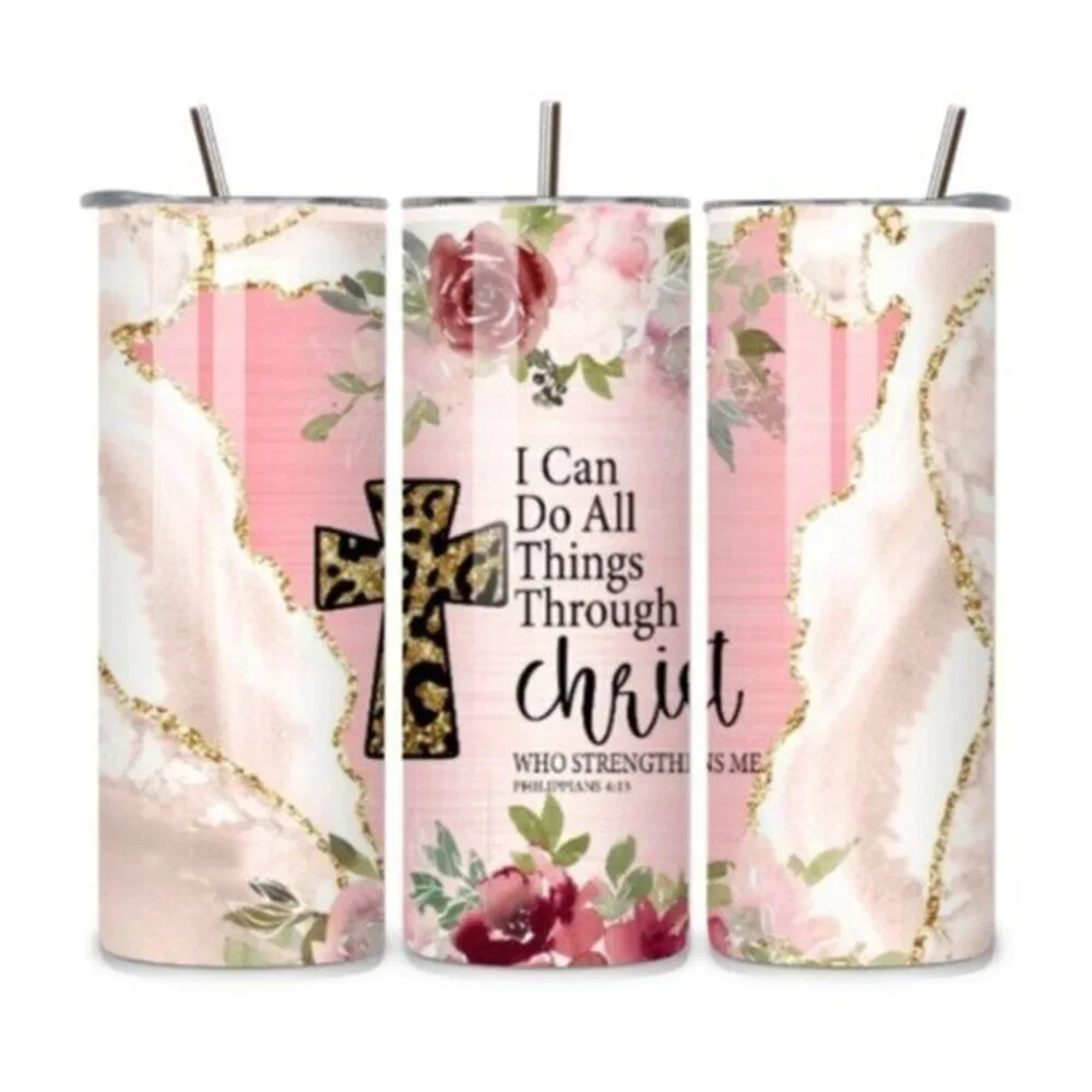 I Can Do All Things Through Christ Pink Christian Floral 20oz Tumbler